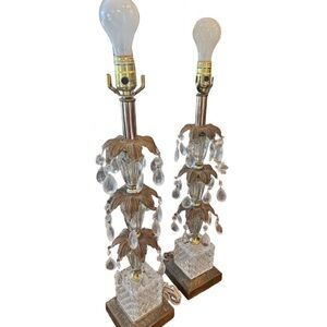 Vintage Set Hollywood Regency Crystal & Brass Lamp with Teardrop Prisms